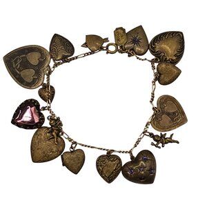 Vtg Pididdly Links Kingston NY Charm Bracelet Brass Hearts Cherubs 15 Charms 6"